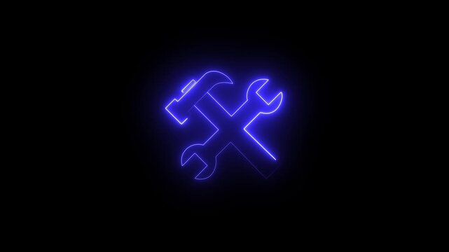 Neon glowing cyan tools icon animation in black background