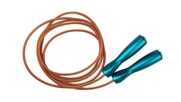 Isolated speed jump rope with metallic copper cable and ergonomic blue handles for fitness training