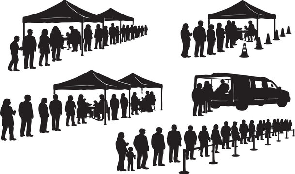 Vector Illustration Silhouette Mass Vaccination Drive Queue  People Waiting in Organized Line at Immunization Clinic