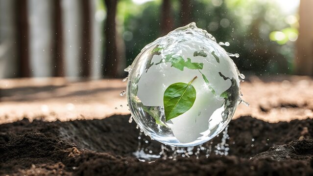 Crystal Clear Water Splash Globe with Green Leaf for Sustainability Concept
