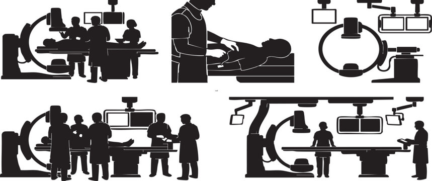 Vector Silhouette Cardiac Catheterization Cath Lab Procedure and Cardiology Team Icons Set