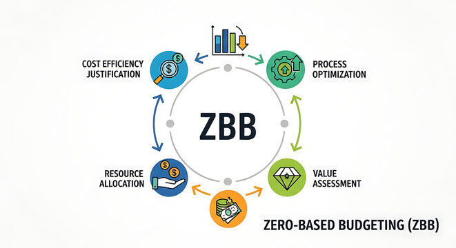 Zero Based Budgeting ZBB financial management concept infographic displaying corporate cost efficiency justification with strategic accounting data and business expenditure resource allocation.