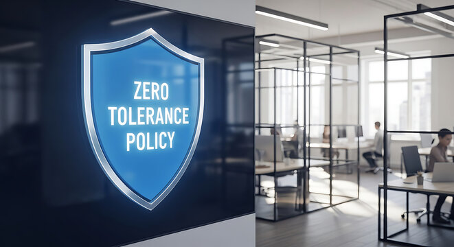 Concept of a zero tolerance policy illustrated on a glowing blue digital shield within a corporate office environment emphasizing strict professional standards and ethical workplace conduct rules.