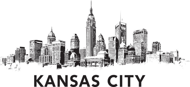 Kansas city skyline vector illustration with detailed buildings and retro black ink sketch design for business travel concept