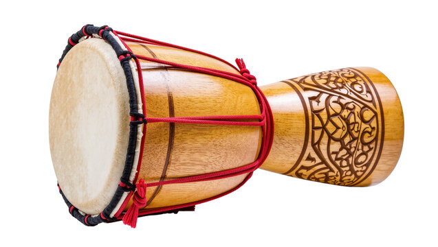Isolated traditional handmade carved wooden darbuka drum musical percussion instrument