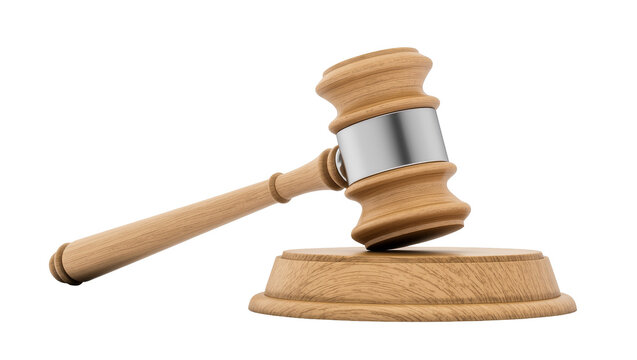 Isolated classic wooden judge's gavel and sound block, representing justice, law, and auction authority.
