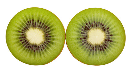 Fototapeta premium Isolated two vibrant green kiwi fruit slices with visible seeds and juicy texture