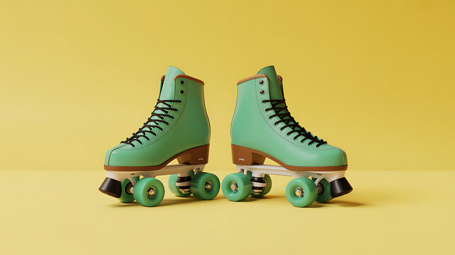 Pair of mint green retro roller skates with black laces, displayed on a bright yellow background for summer fun and activity