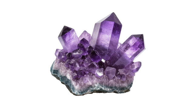 Isolated beautiful natural raw amethyst crystal geode cluster with deep purple color points