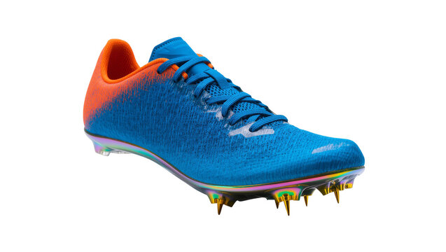 Isolated vibrant blue and orange track spike shoe with metallic sole and sharp spikes.