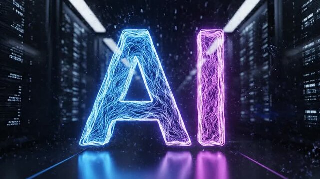 Glowing neon letters forming the acronym ai materialize within a futuristic digital data center hallway representing artificial intelligence advancement and complex technology.
