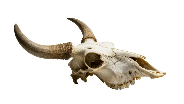 Isolated ancient animal skull with large curved horns a weathered bony structure