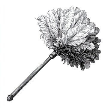 Vintage feather duster engraving sketch illustration of cleaning tool with fluffy feathers and wooden handle
