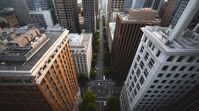 Aerial view looking down a dense city street between tall classic and modern skyscrapers