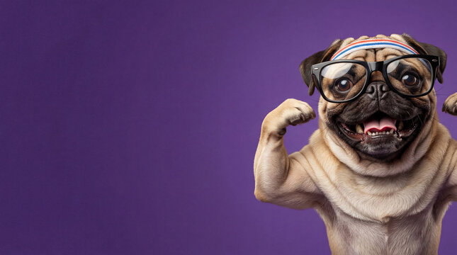 Strong pug dog flexing muscles wearing glasses and sports headband