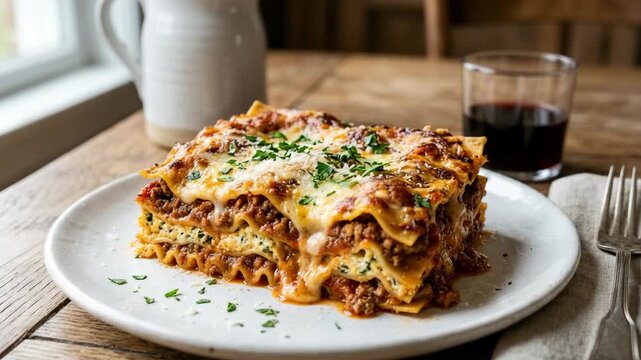 Freshly baked Italian meat lasagna with melted cheese and herbs on a white plate at a rustic dining table