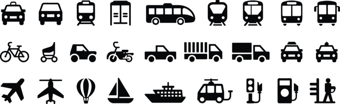 Transportation and infrastructure icons set, cars buses trains airplanes ships bicycles motorcycles trucks, traffic light fuel pump pedestrian crossing vector