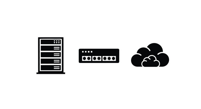 Server network switch and cloud icon in black silhouette