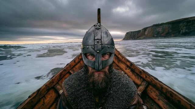 Warrior in helmet standing on wooden boat in icy sea capturing historical atmosphere exploration and harsh northern environment in cinematic perspective with ci