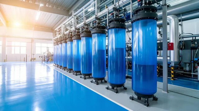 Row of industrial blue water filtration tanks and steel pipes in a modern clean water treatment plant facility