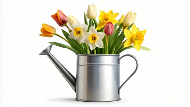 Vibrant spring flowers including tulips and daffodils arranged inside a rustic silver watering can on white background
