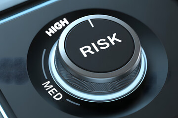 Fototapeta premium A close up view of a sophisticated control knob set to indicate high risk on a dark professional interface with subtle blue light creating a serious and analytical mood