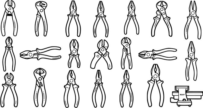 Black and White Line Art of Assorted Pliers and Tools, Industry  Construction Equipment