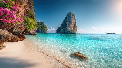 Obraz premium Serene Beach Landscape with Turquoise Water and Scenic Rock Formation under Clear Blue Sky