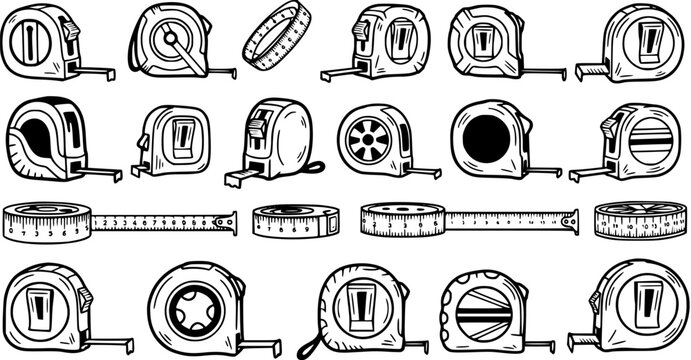 Black and White Line Art of Various Tape Measures, Construction Tools, Measurement Objects