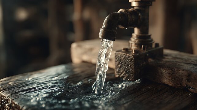 Fresh clean water flowing from an old vintage brass tap onto a rustic wooden surface.