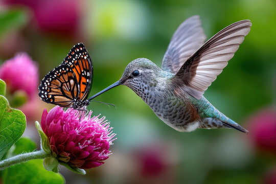 Hummingbird and Butterfly on a Vibrant Flower