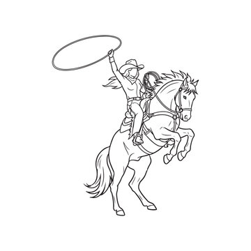A black and white line art drawing of a cowgirl riding a rearing horse while swinging a lariat
