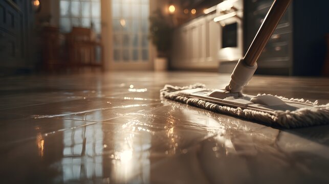 Shiny floor reflects soft, warm light from distant windows