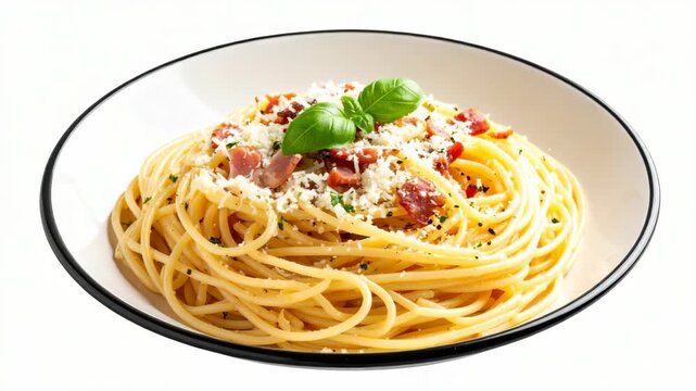 Italian pasta spaghetti with crispy bacon bits and grated parmesan cheese topped with fresh basil in white bowl