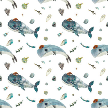 Seamless pattern whale with small items from the sea beach. Watercolor illustration. Composition of  set of whales. For the design and decoration of posters, postcards, prints, stickers, souvenirs