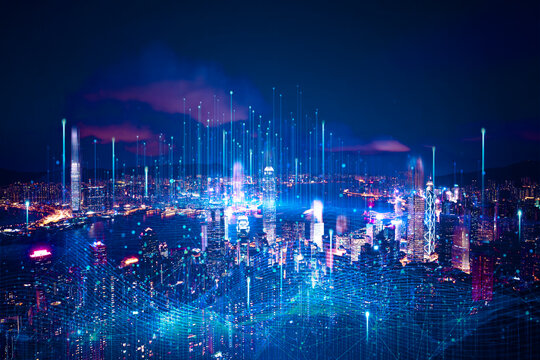 Smart City and Global Digital Network Technology Over Modern City Skyline at Night