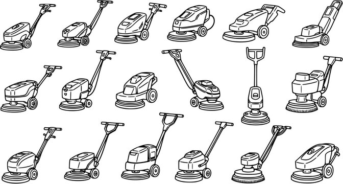 Black and White Line Art of Various Floor Scrubbers and Buffers for Cleaning Industry