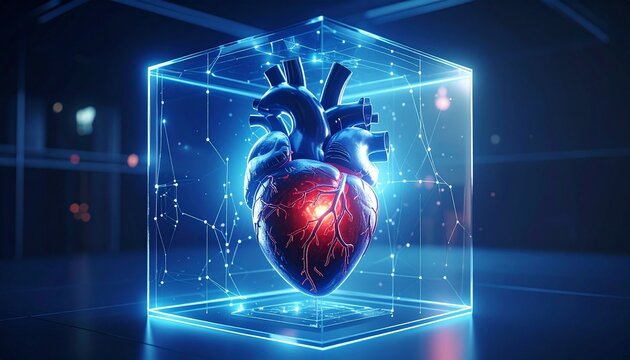 "Human heart encased in glowing cube&mdash;an evocative portrayal of biology, technology, and the harmonious union of vitality, innovation, and digital transformation."