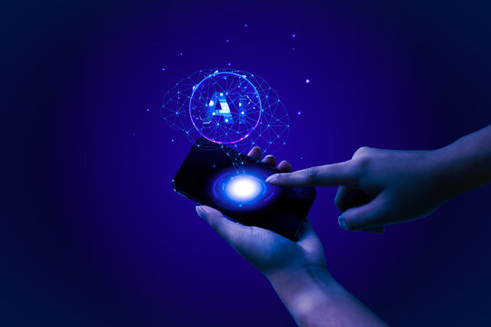 Artificial Intelligence AI Interface on Smartphone with Futuristic Digital Brain Concept