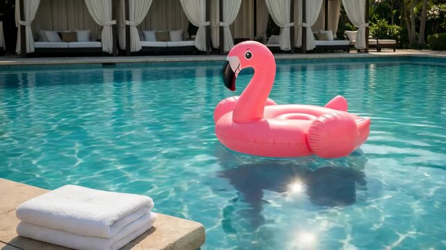 Pink flamingo inflatable float in swimming pool with clear water summer vacation leisure scene