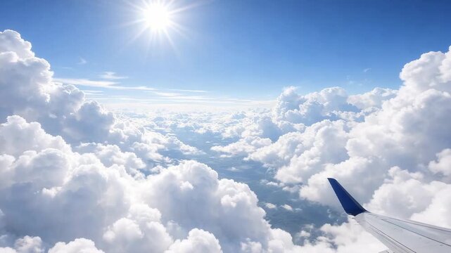 Airplane wing above clouds with bright sun and blue sky aerial travel view peaceful flight scene