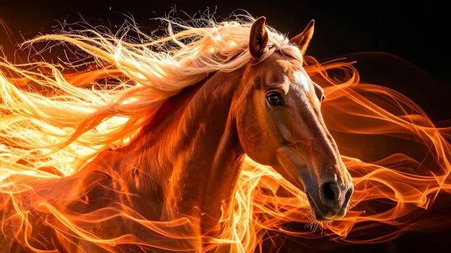 Majestic stallion galloping with a flowing mane and body made of glowing golden fire and orange flames on black background