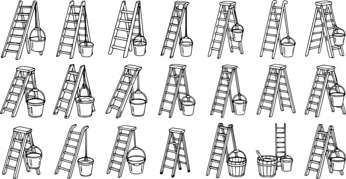 Black and White Line Art of Various Ladders and Buckets for Construction and Home Improvement