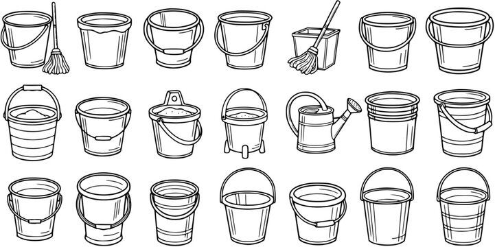 Black and White Line Art Illustration of Various Buckets and Watering Can, Cleaning Supplies Concept