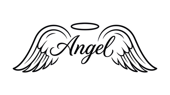 Elegant Angel Wings with Halo and Script Text Tattoo Design.