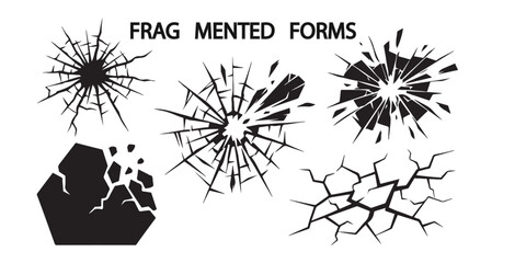 Obraz premium Set of black fragmented forms with cracked glass textures and shattered geometric stone shapes vector illustration
