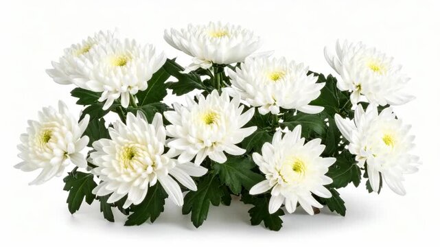 Fresh white chrysanthemum flowers with green leaves isolated on a plain white background for floral decoration and design