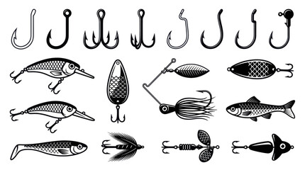 Fishing hooks and lures set, various types of fishing tackle for catching fish. © Dika