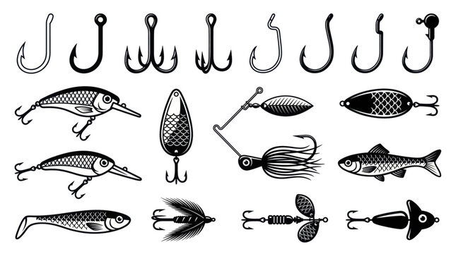 Fishing hooks and lures set, various types of fishing tackle for catching fish.