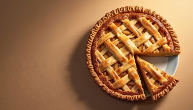 Golden brown baked pie with lattice crust, one slice removed. Freshly baked sweet pastry sits on plate. Delicious fruit dessert ready for serving.
